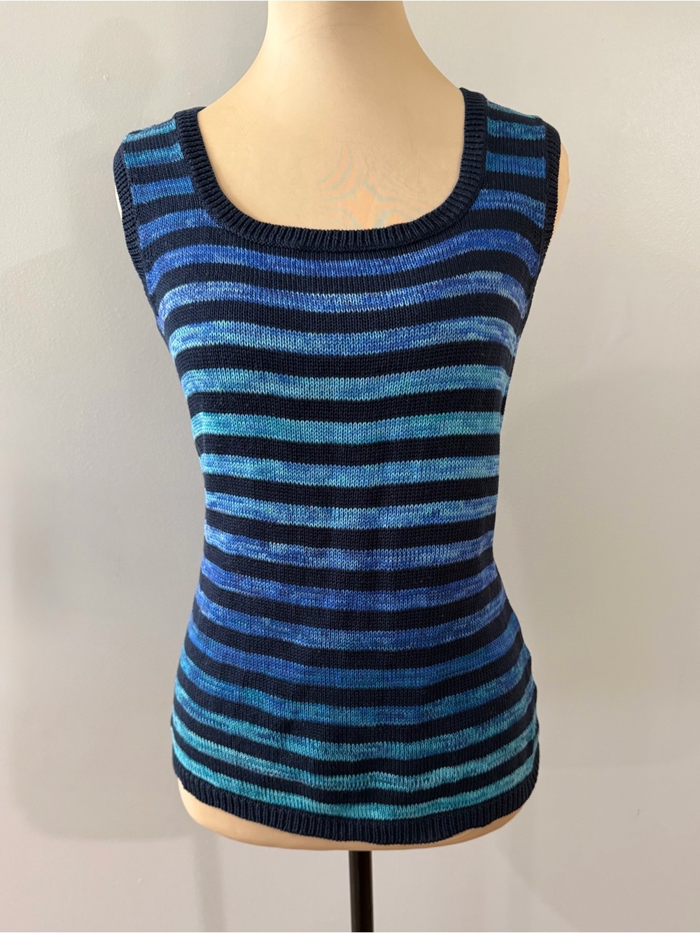 Jones New York Ombre Navy Blue Teal Striped Women's Cotton Knit Tank Blouse Cami